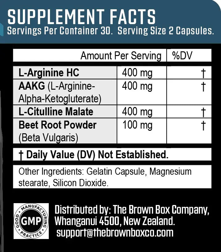 Supplement label with ingredients and distribution information.