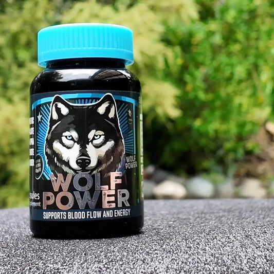 Supplement bottle labeled 'Wolf Power' with a wolf graphic on a blurred natural background